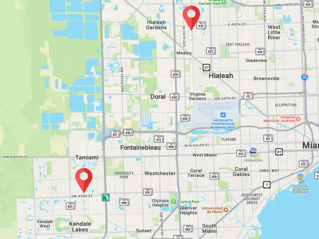 A map of Miami and Hialeah with Phone Repair Nous Movil locations marked with pins.